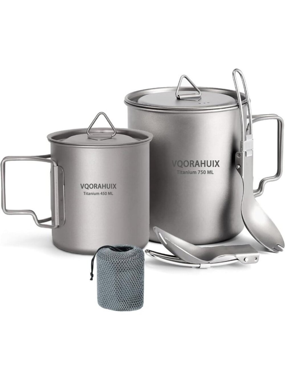 Lightweight Titanium Camping Mug & Pot Set - 420ml & 750ml, Lid & Spork Included